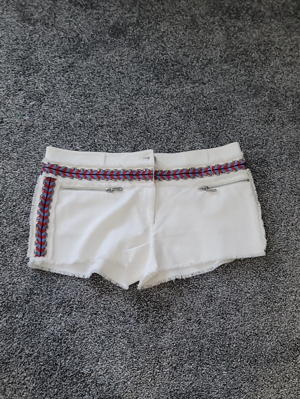 Rebecca Minkoff White High-Waist Shorts with Red & Blue Braided Trim